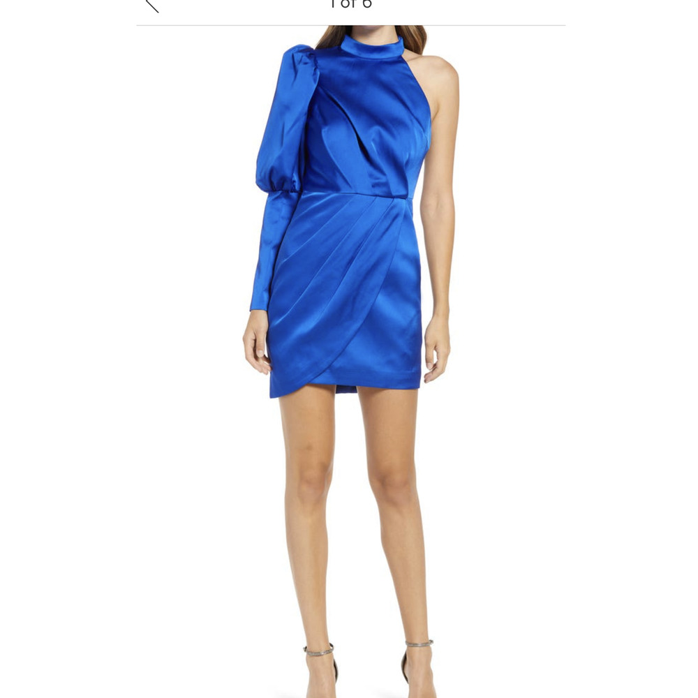 NWT Lavish Alice One Shoulder Puff Sleeve satin Cocktail Dress Blue Size 10